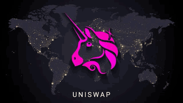 a pink unicorn is on a map of the world with the word uniswap below it