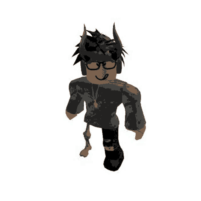 a roblox character with horns , glasses , a necklace , and a prosthetic leg is walking .