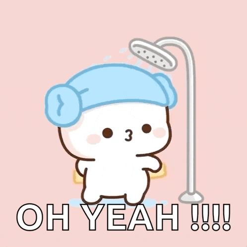 a cartoon character with a towel on his head is taking a shower and says oh yeah