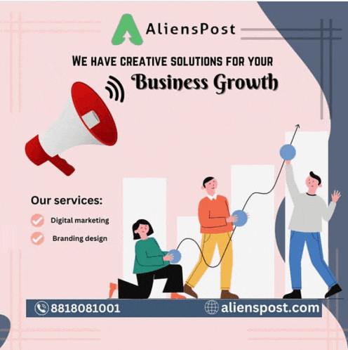 an advertisement for alienspost shows a megaphone and a group of people