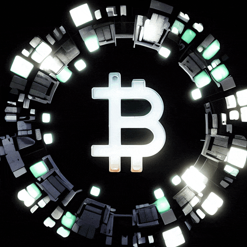 a bitcoin symbol is surrounded by glowing squares