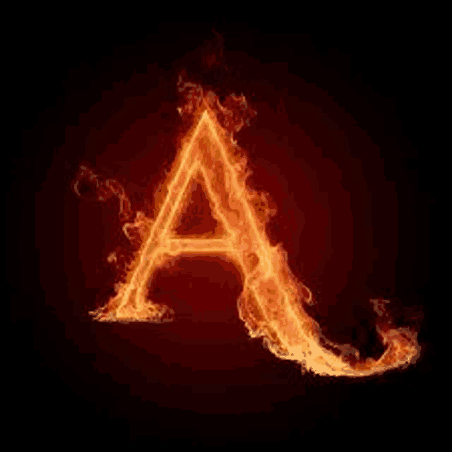 the letter a is covered in flames and smoke on a black background .