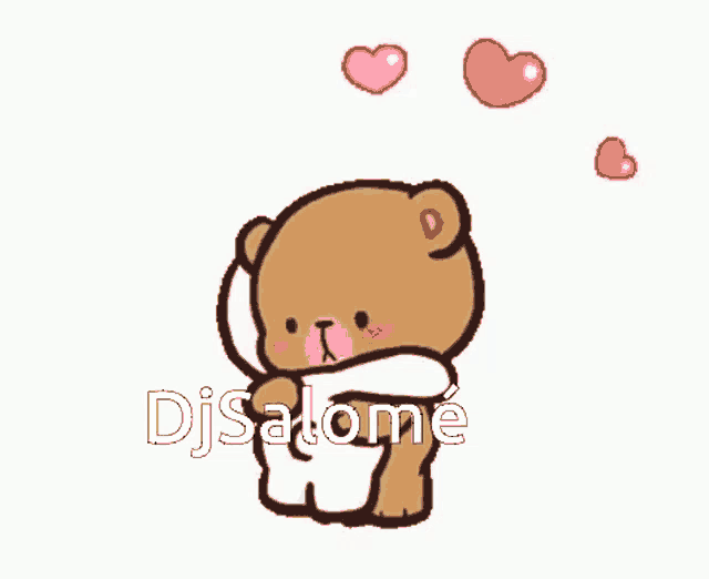 a teddy bear is surrounded by pink hearts and the words dj salome