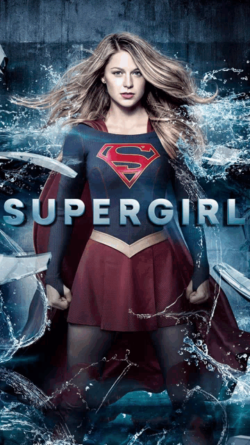 a poster for supergirl shows a woman in a cape