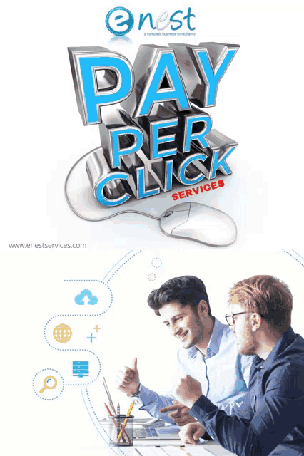 two men are sitting at a table with the words pay per click services behind them