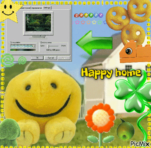 a computer screen with a smiley face and the words happy home on the bottom