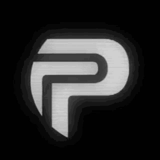 a silver letter p on a black background with a glowing effect .