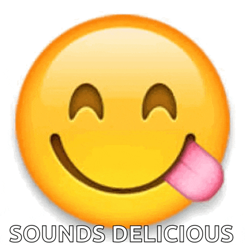 a smiley face with a tongue sticking out and the words sounds delicious below it