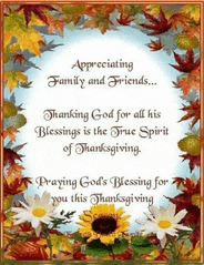 a thanksgiving card that says appreciating family and friends thanking god for all his blessings