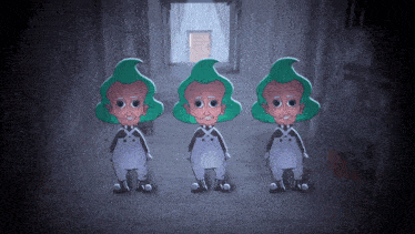 three cartoon characters with green hair are standing in a dark hallway