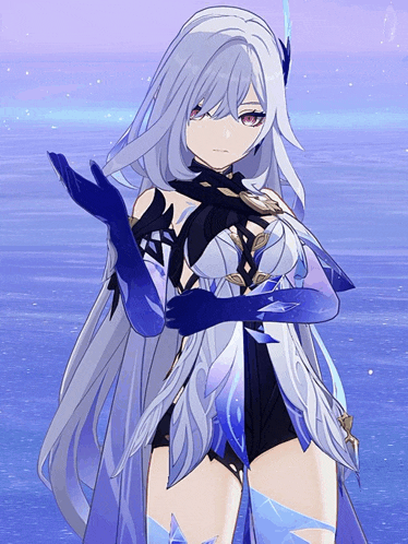 a girl with long white hair and blue gloves stands in front of a body of water