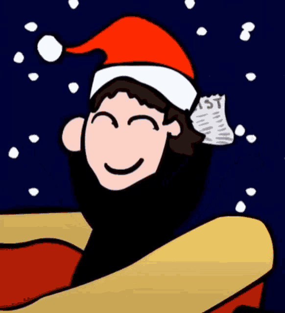 a cartoon of a person wearing a santa hat with a list on it