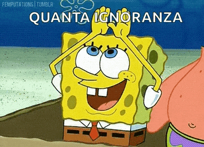 a cartoon of spongebob and patrick standing next to each other with the words quanta ignoranza above them .