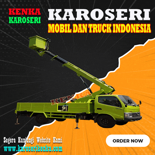 an advertisement for kenda karoseri mobil dan truck indonesia shows a green truck with a crane on the back