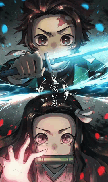 a poster for demon slayer shows a boy and a girl with a sword