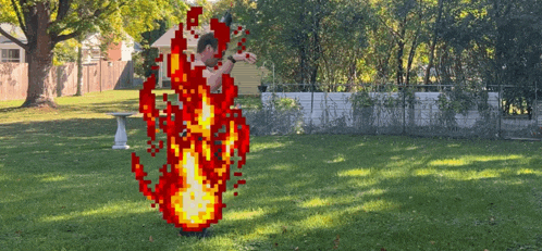 a pixel art of a man standing in the grass with a fire behind him