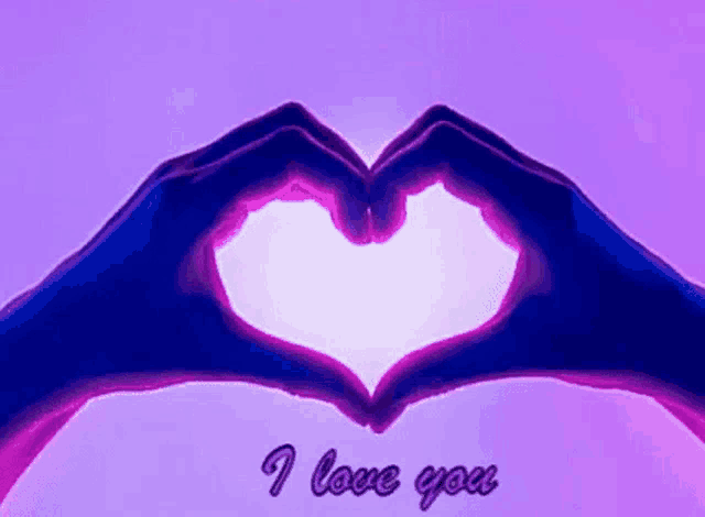 a couple of hands making a heart shape on a purple background with the words `` i love you '' .