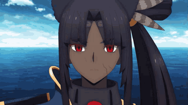 a close up of a cartoon character with red eyes and black hair