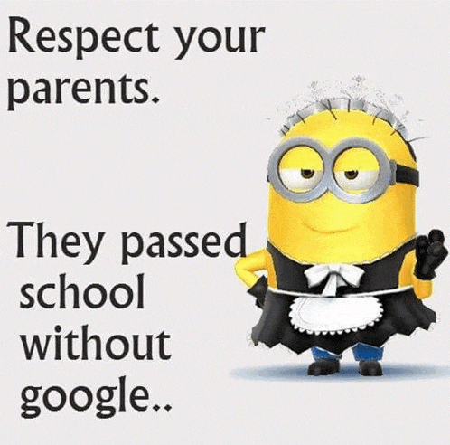 a minion is dressed as a maid and says `` respect your parents . they passed school without google '' .