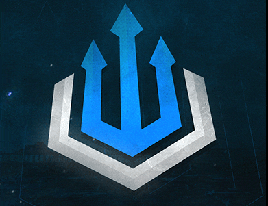 a blue and white logo with a trident on a dark background