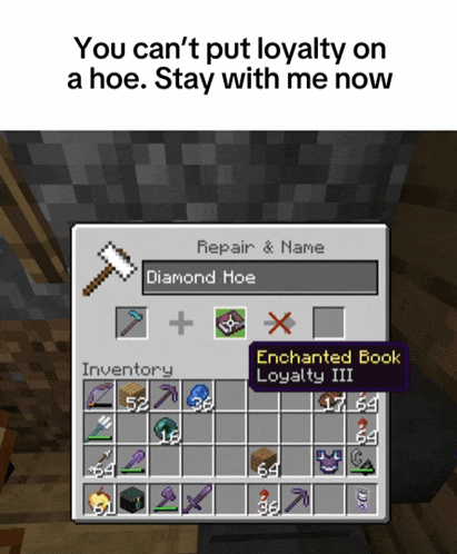 a screenshot of a minecraft game that says you can t put loyalty on a hoe stay with me now