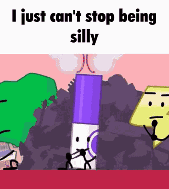 a cartoon character is standing next to a purple marker with the words `` i just can 't stop being silly ''