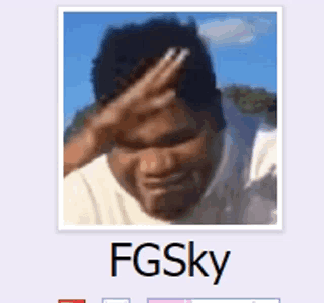 a picture of a man covering his face with his hand and the name fgsky below it