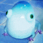 a blue frog with green eyes is sitting on a blue tiled floor