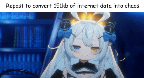 a girl with a crown on her head and the words repost to convert 151kb of internet data into chaos below her