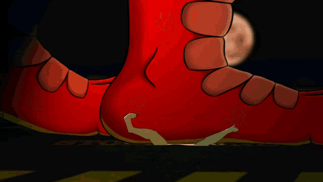 a cartoon drawing of a person being crushed by a giant red foot