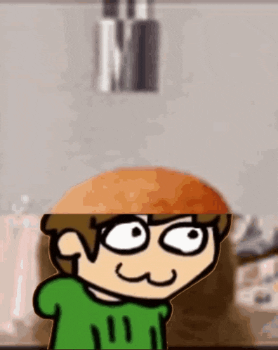 a cartoon character wearing glasses and a green shirt with a bun on his head .