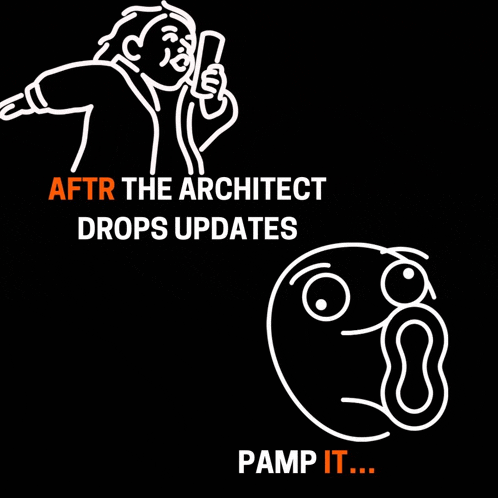 a drawing of a man holding a bottle and the words after the architect drops updates pamp it