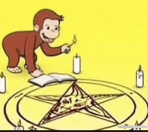 a cartoon of a monkey lighting a candle in a pentagram surrounded by candles