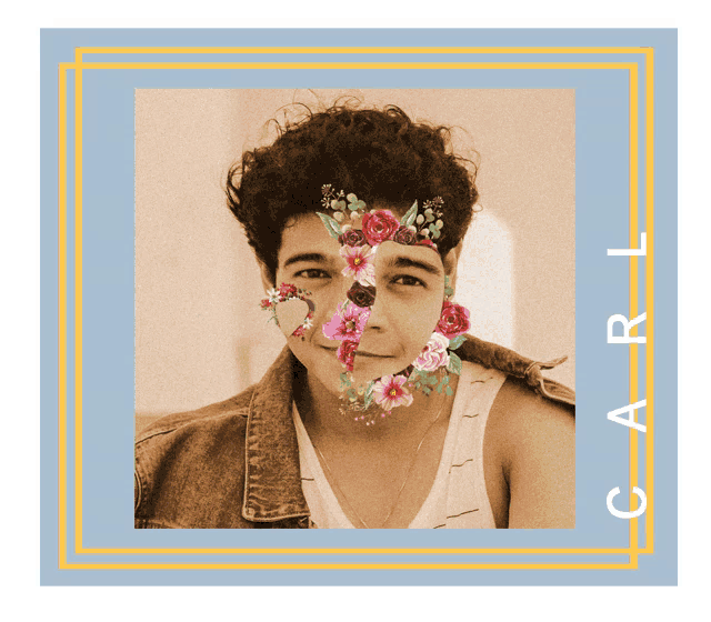 a picture of a man with flowers on his face and the name carl on the bottom right