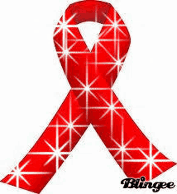 a red ribbon with sparkles on it is a ribbon for aids awareness .