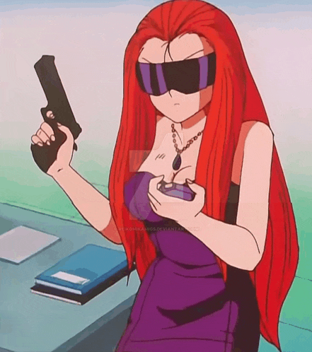 a girl with red hair is holding a gun in her hand