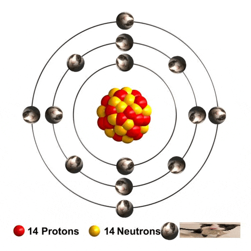 a diagram of an atom with 14 protons and 14 neutrons in it