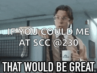 a man is holding a cup of coffee and saying `` if you could me at ssc @ 230 that would be great '' .