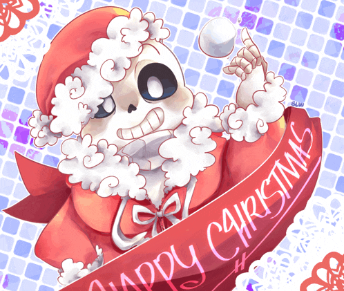 a drawing of a skeleton wearing a santa hat and holding a snowball with the words happy christmas on it