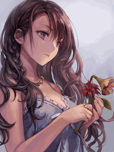 a girl with long hair is holding a bouquet of flowers in her hands