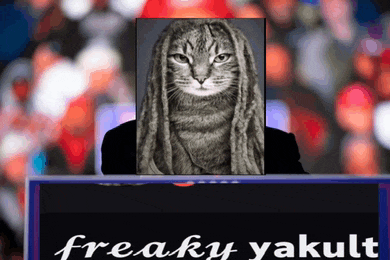 a picture of a cat with dreadlocks behind a sign that says " freaky yakult "