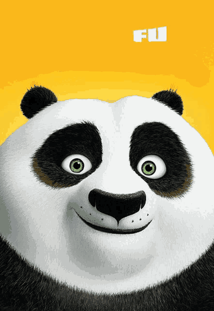 a panda bear with green eyes is smiling on a yellow background with the word fu above it