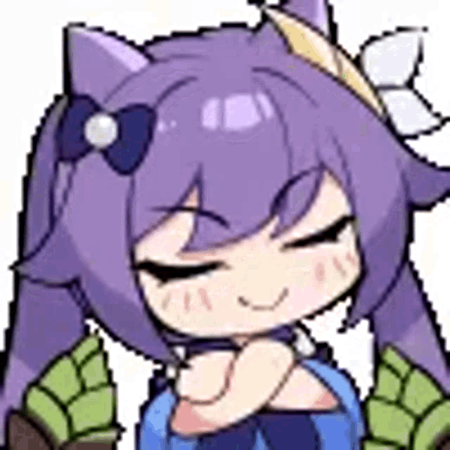 a cartoon girl with purple hair and a bow on her head is sitting with her eyes closed .