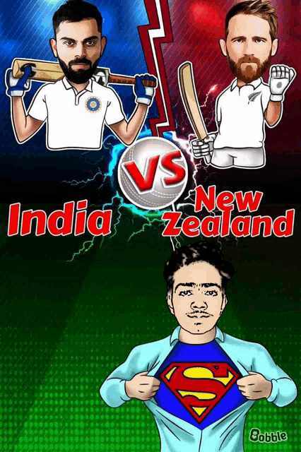 a poster for india vs new zealand shows cricket players holding bats