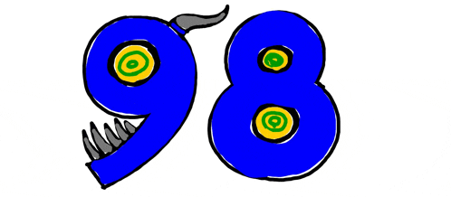 a drawing of the number 98 with a monster face