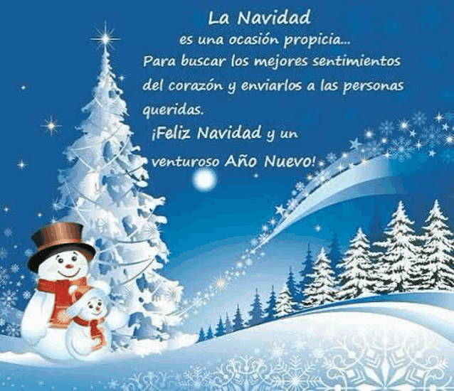 a christmas card with a snowman and a christmas tree in spanish