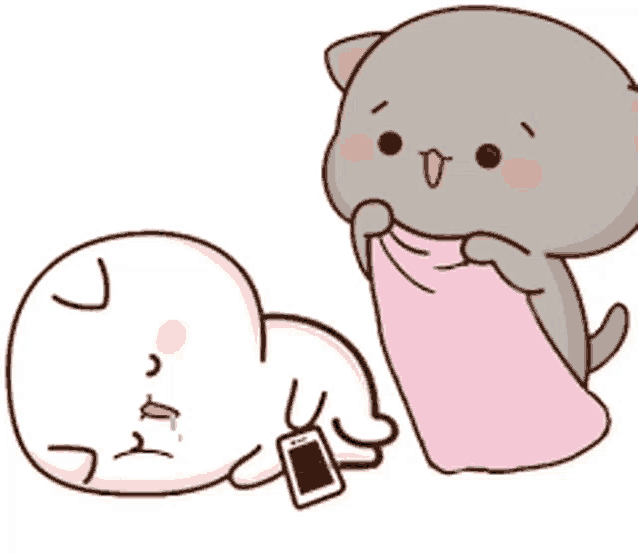 a cartoon of a cat holding a cell phone next to a sleeping cat .