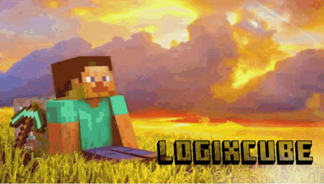 a picture of a minecraft character sitting in a field with the words logixcube below it