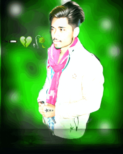 a man in a white jacket with a pink scarf around his neck has a broken heart in the background