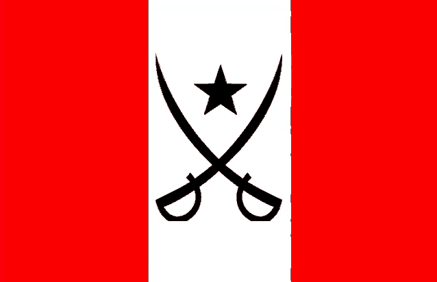 a red white and black flag with two crossed swords and a star in the middle